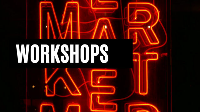 Neon red letters spell Market. Text: Workshops.