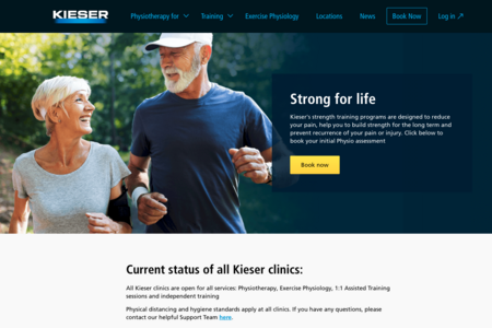 screenshot of Kieser website, photo of couple jogging, details on clinics and training programs