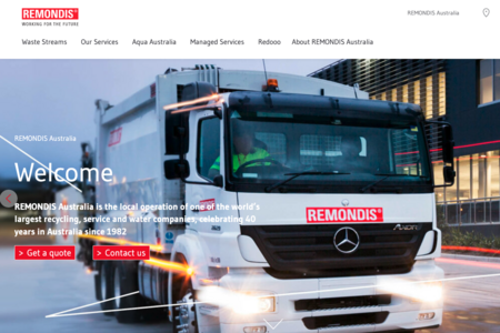 Screenshot of REMONDIS Australia website Welcome page, with large photo of recycling truck