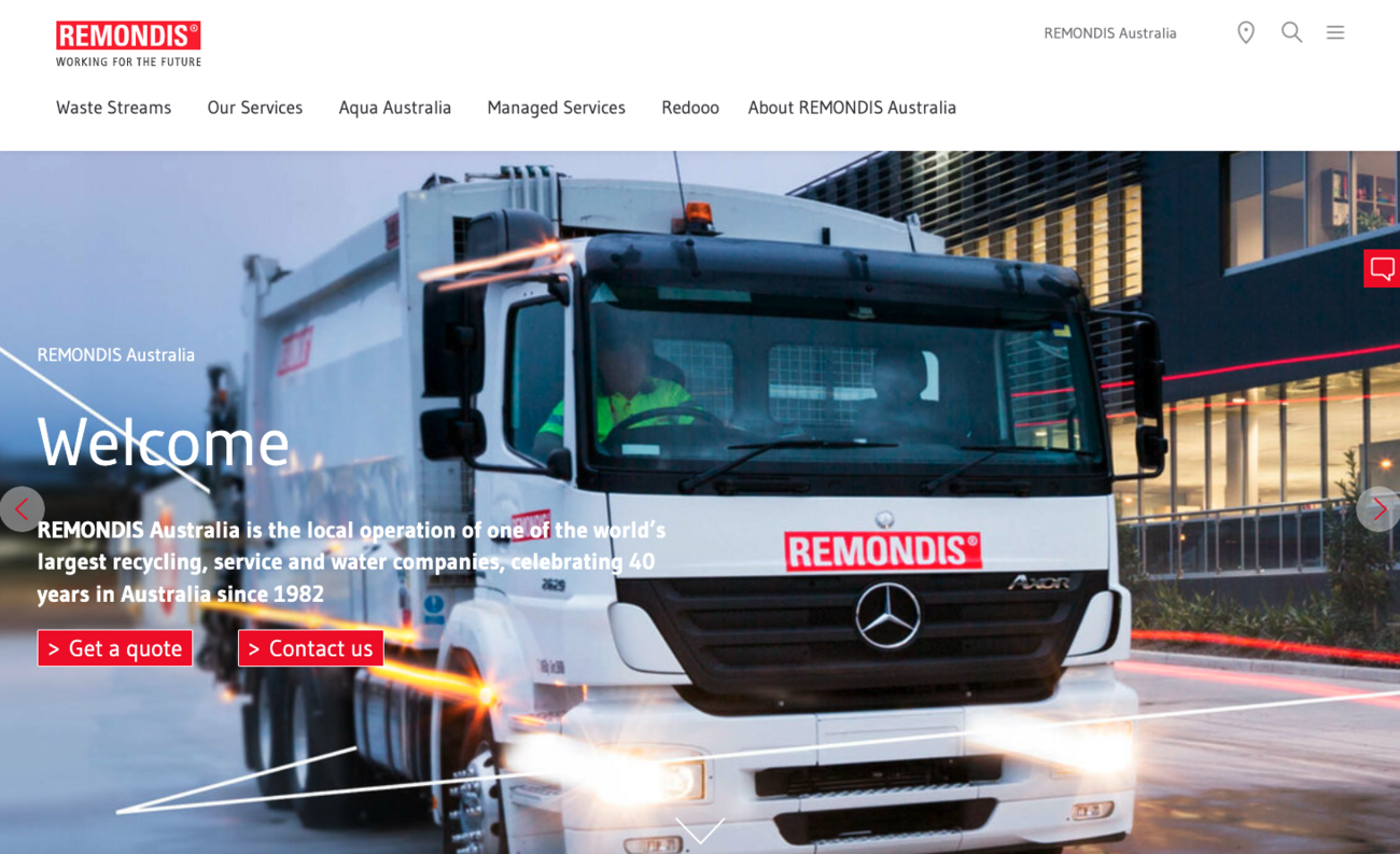 Screenshot of REMONDIS Australia website Welcome page, with large photo of recycling truck