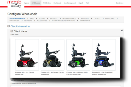 Magic Mobility 'configure wheelchair' quote form with images of wheelchairs