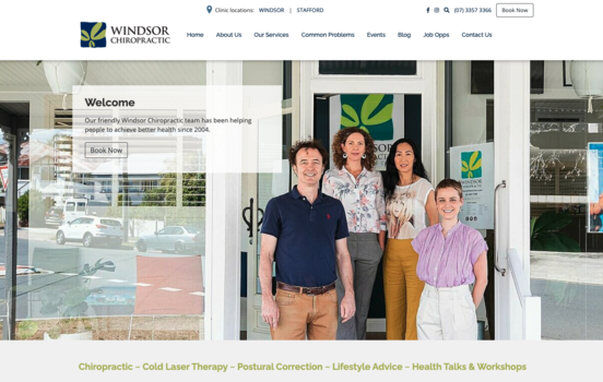 Windsor Chiropractic home page, family out front of clinic