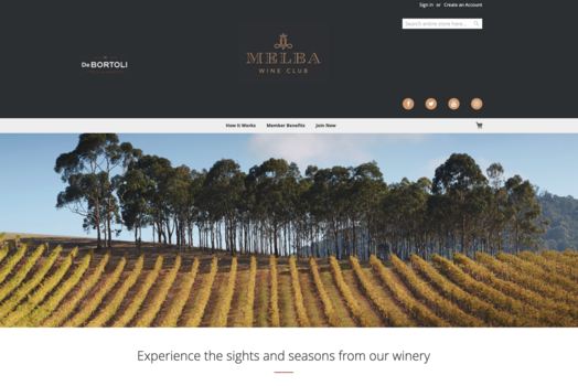 Melba wine club website with beautiful photo of grapevines