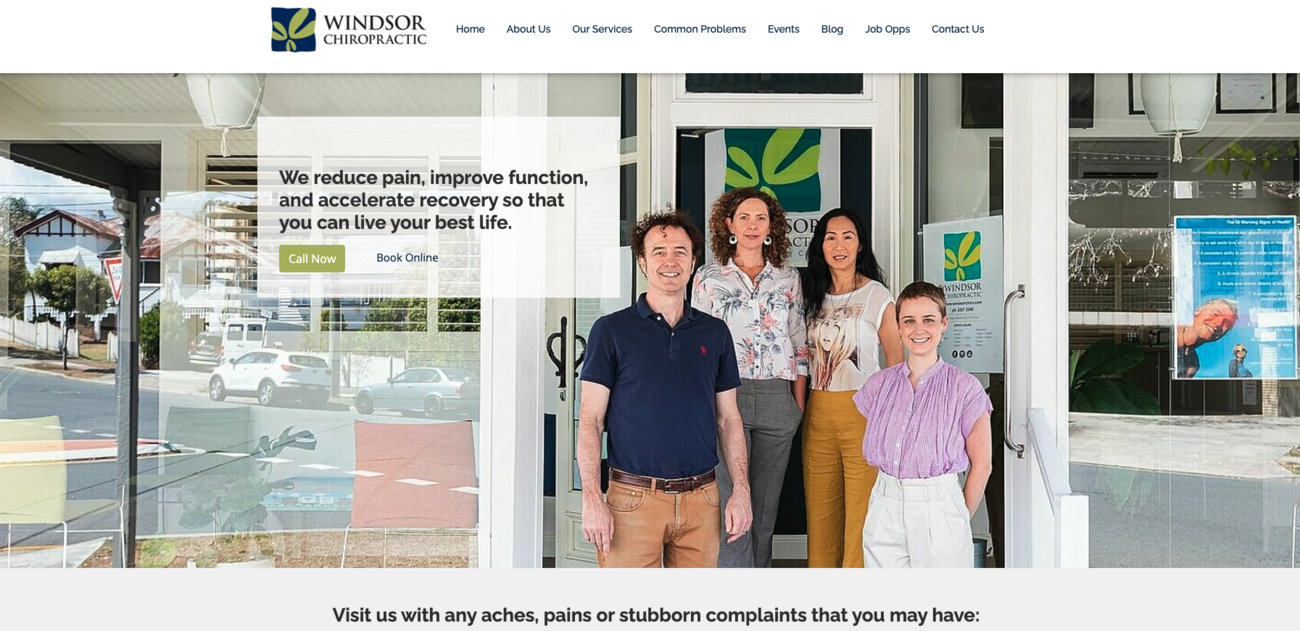 screenshot of Windsor Chiropractic website with team photo in front of office.
