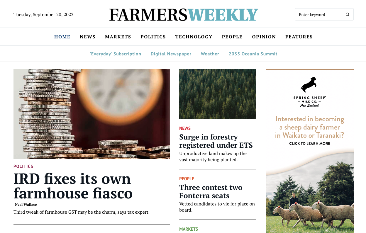 screenshot of farmers weekly website, set out as newspaper with current headline news and photos